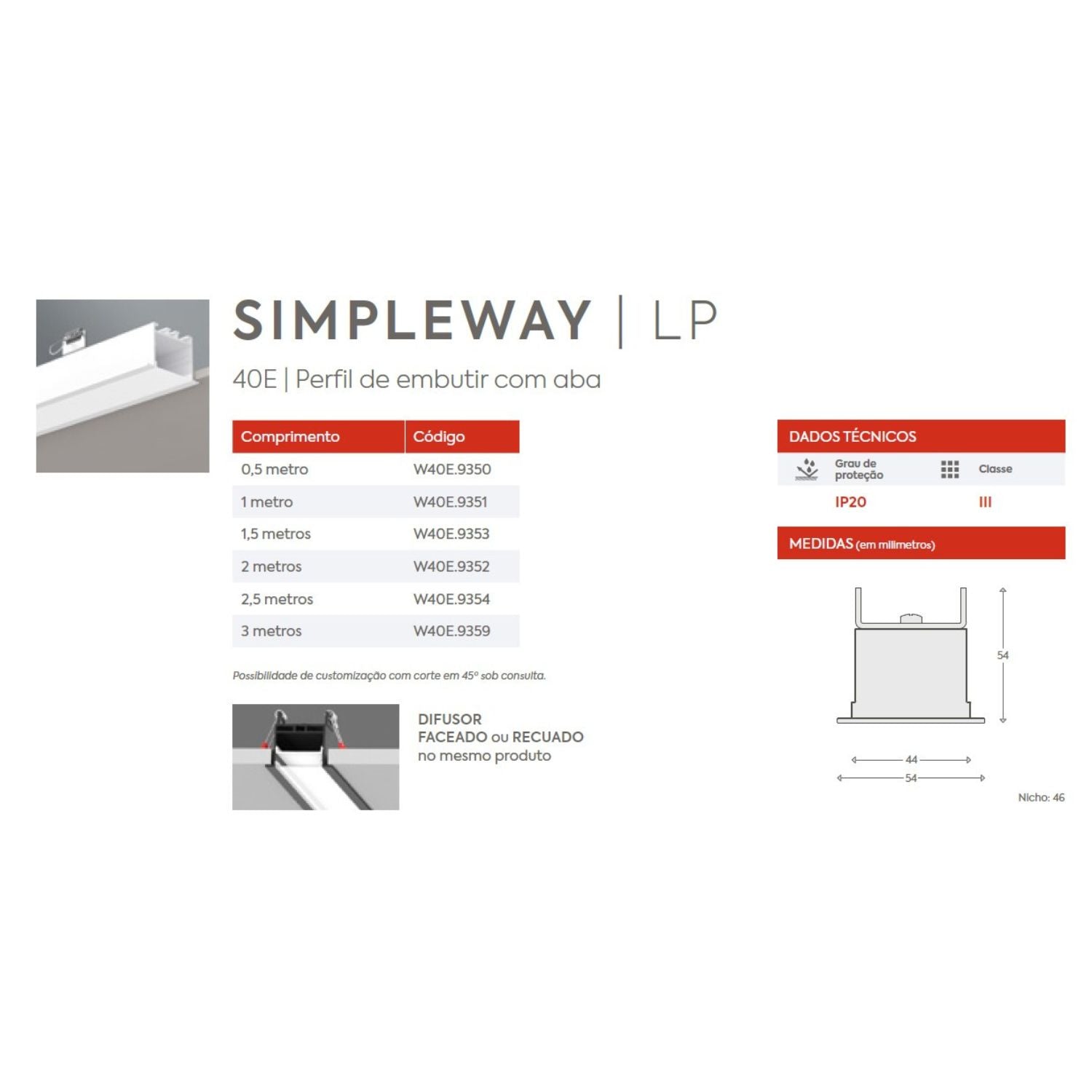 Perfil Linear Embutir Simple Way LED com Aba W40E Interlight