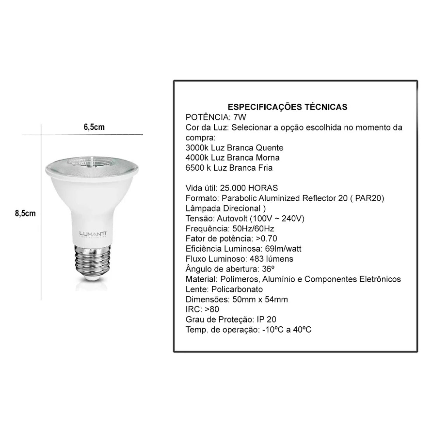 Lâmpada PAR20 LED E27 7W - Lumanti