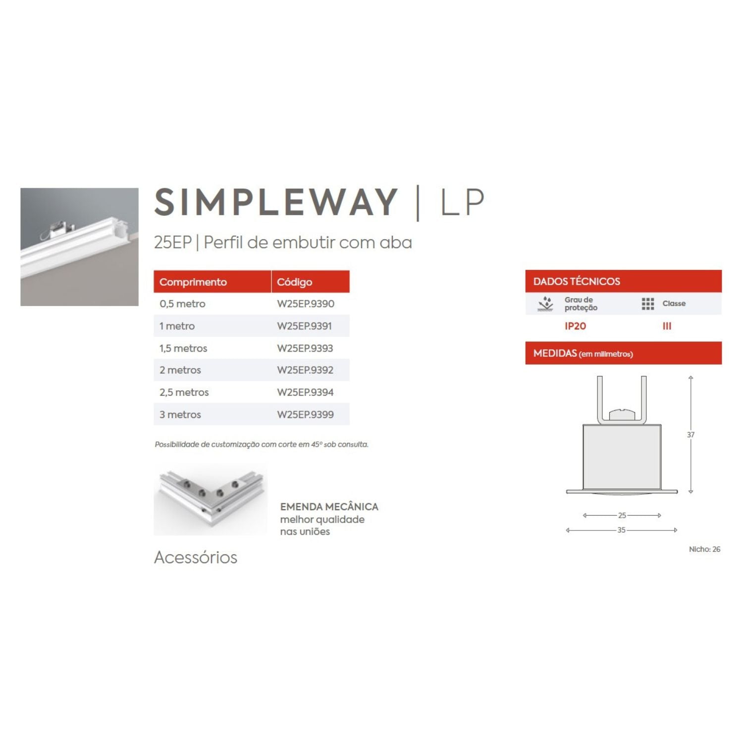 Perfil Linear Embutir Simple Way Gesso W25EP Interlight