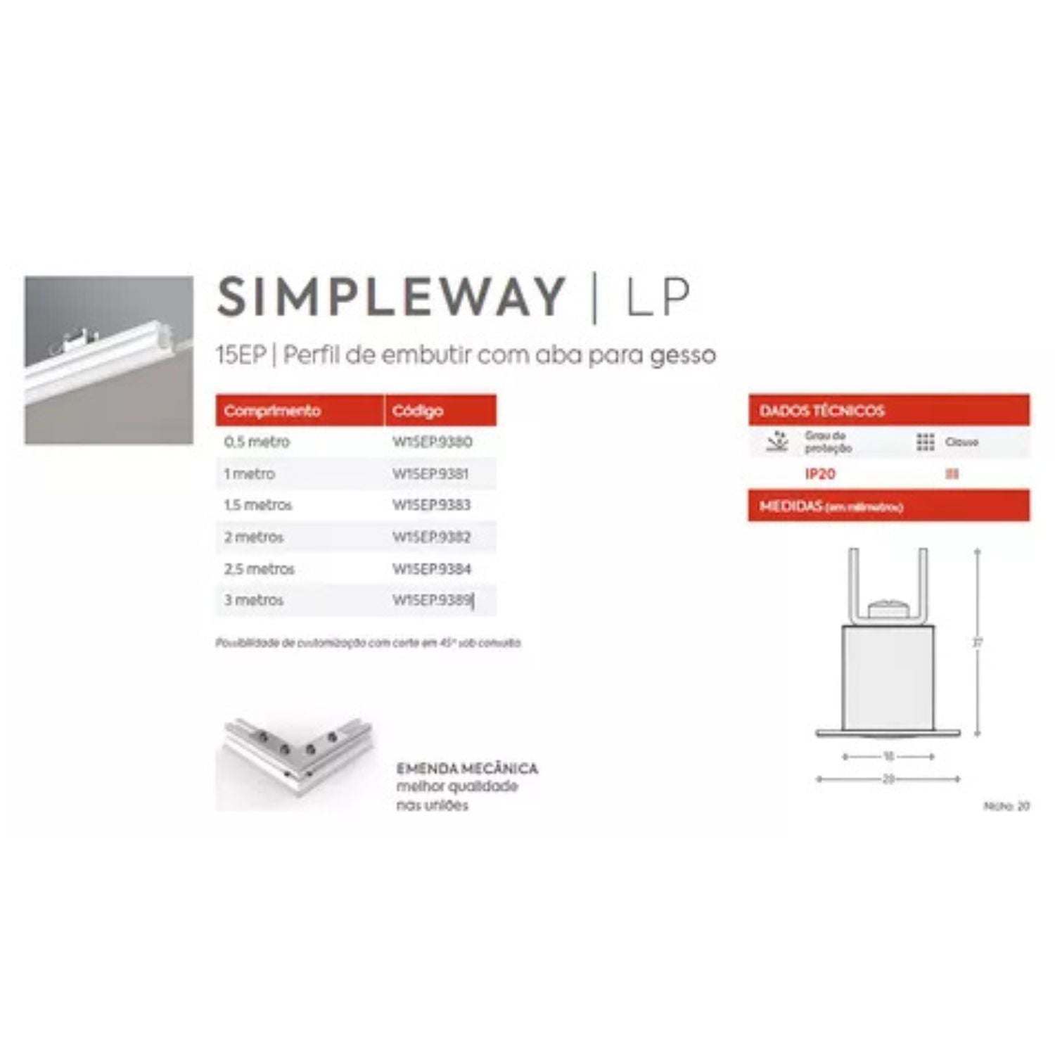 Perfil Linear Embutir Simple Way W15EP - 3 Metros - Interlight