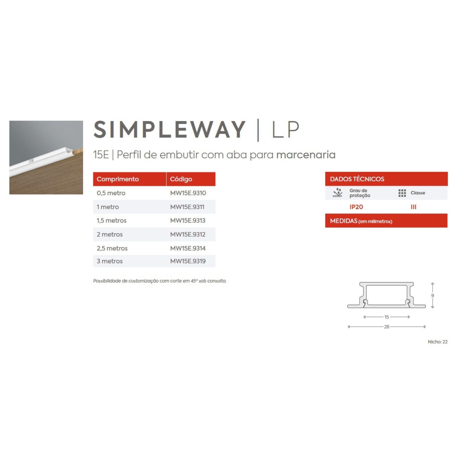Perfil Linear Embutir Simple Way LED Marcenaria MW15E Interlight