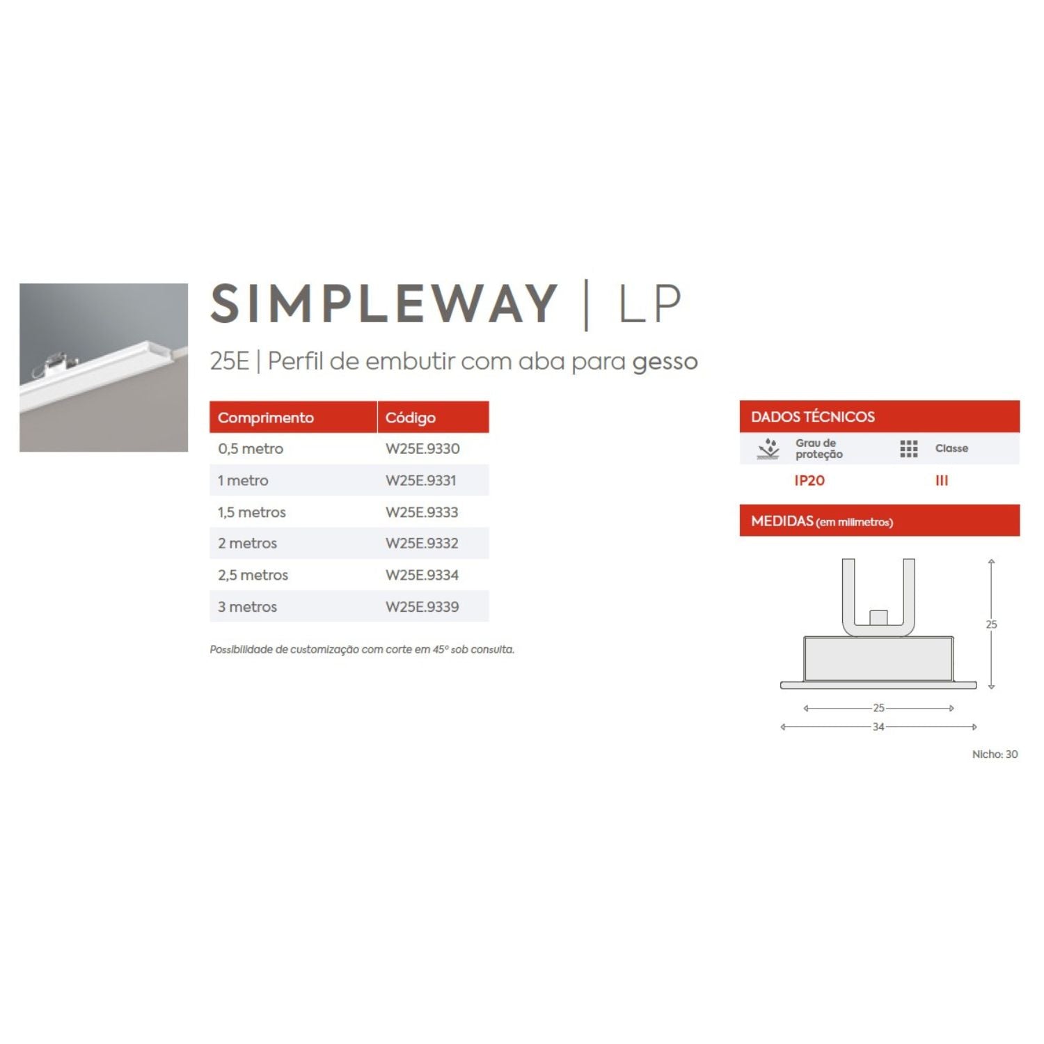 Perfil Linear Embutir Simple Way Gesso W25E Interlight