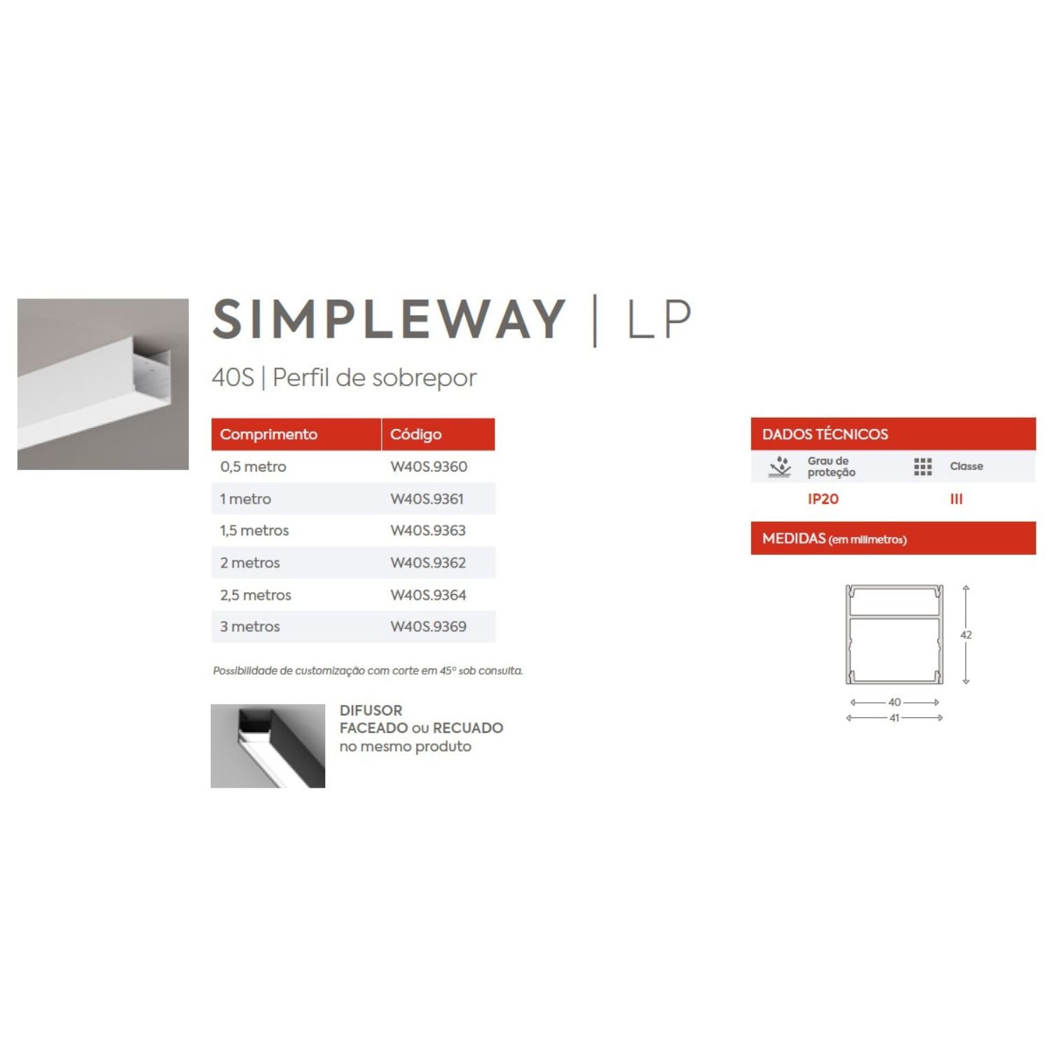 Perfil Linear Sobrepor Simple Way LED W40S Interlight
