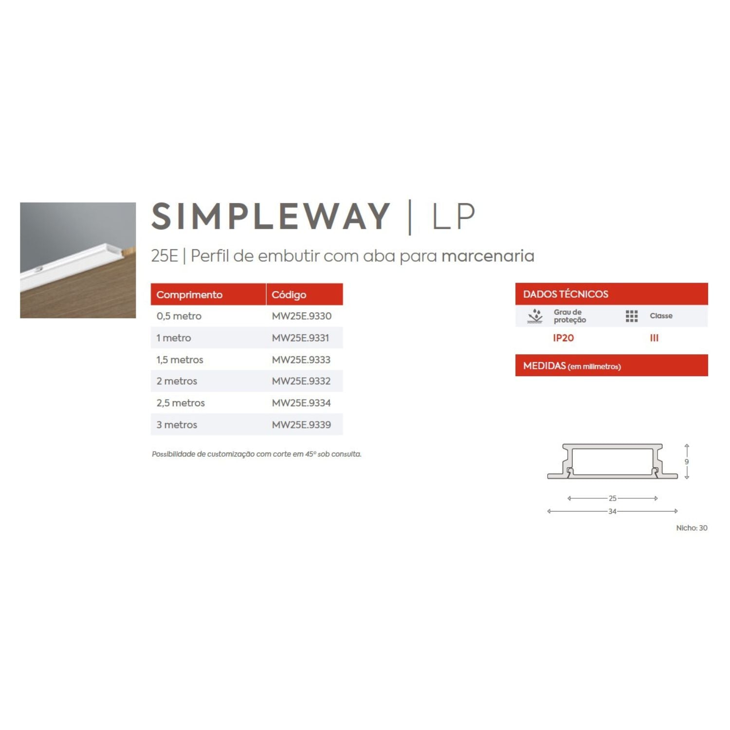Perfil Linear Embutir Simple Way Marcenaria MW25E Interlight
