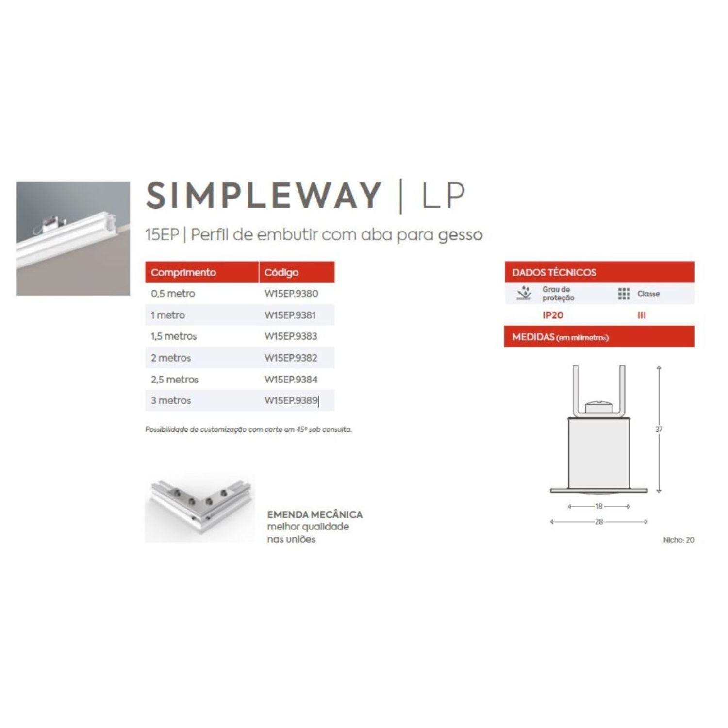 Perfil Linear Embutir Simple Way Gesso W15EP Interlight
