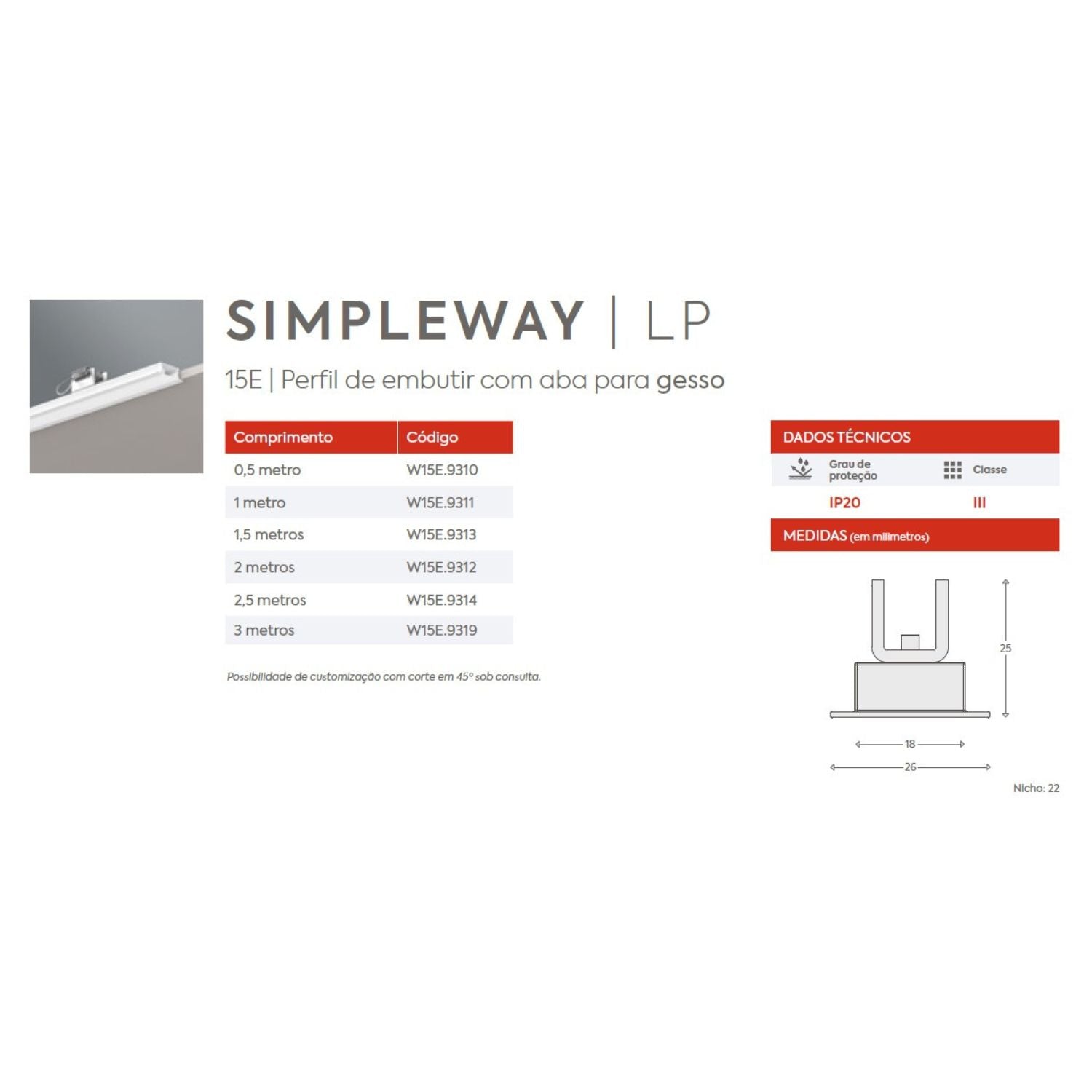 Perfil Linear Embutir Simple Way W15E - 50cm - Interlight