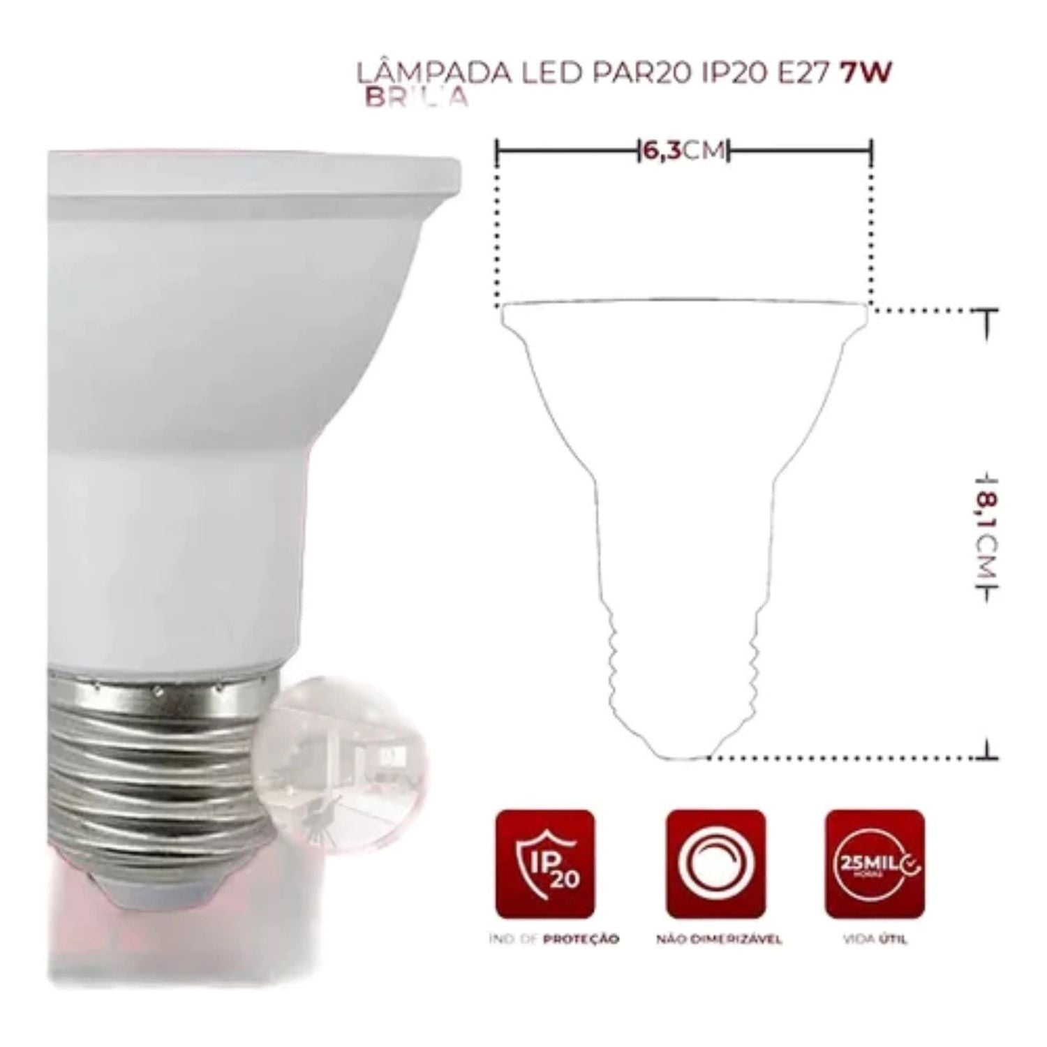 Lâmpada LED PAR20 E27 7W - Brilia