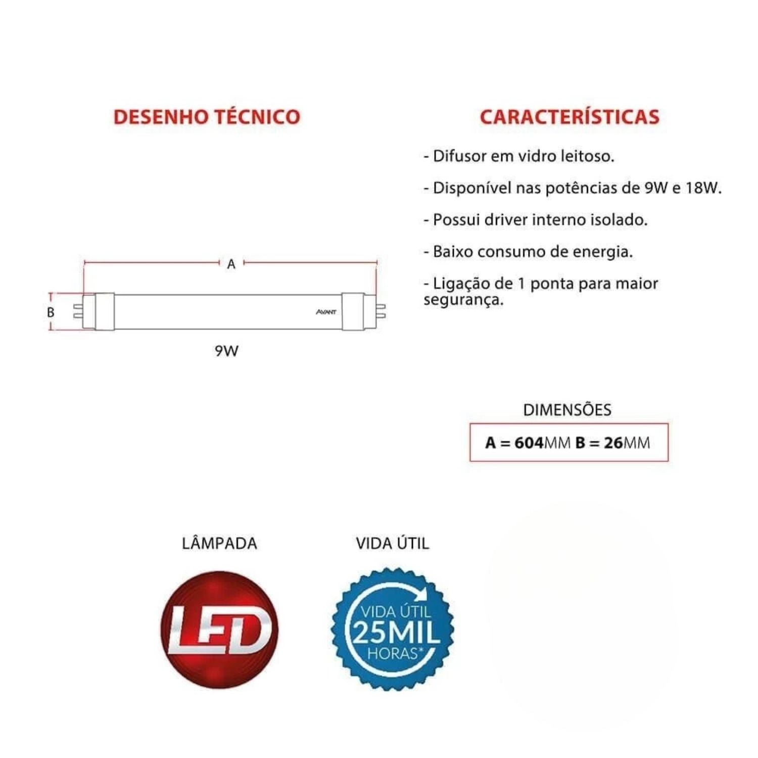 Lâmpada Tubular LED T8 9W - Avant