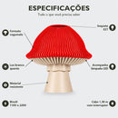 Especificações do abajur de mesa cogumelo: soquete E27, luz branco quente, acompanha lâmpada LED, material resistente, bivolt e cabo de 1,30 m com interruptor