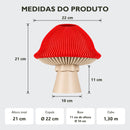 Medidas do abajur de mesa cogumelo: altura total de 21 cm, cúpula com 22 cm de diâmetro, base com 11 cm de altura e 10 cm de diâmetro e cabo de 1,30 m