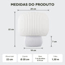 Medidas do abajur de mesa: altura total de 22 cm, cúpula com 20 cm de diâmetro, base com 7 cm de altura e 10 cm de diâmetro e cabo de 1,30 m