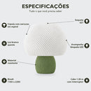 Especificações do abajur de mesa: cúpula com nervuras em espiral, soquete E27, luz branco quente, acompanha lâmpada LED, material resistente, bivolt e cabo de 1,30 m com interruptor