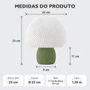 Medidas do abajur de mesa: altura total de 25 cm, cúpula com 22 cm de diâmetro, base com 11 cm de altura e 9 cm de diâmetro e cabo de 1,30 m